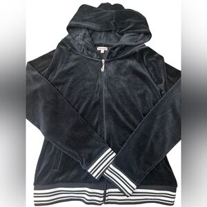JUICY COUTURE VTG Y2K Velour Full Zip Hoodie Black‎ L Rhinestone J Metallic Trim